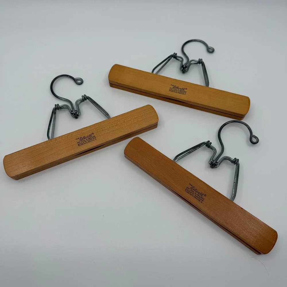 Vtg Setwell Clamp Pants Hangers LOT of 3 Wooden Metal Hook MCM Retro Clamping